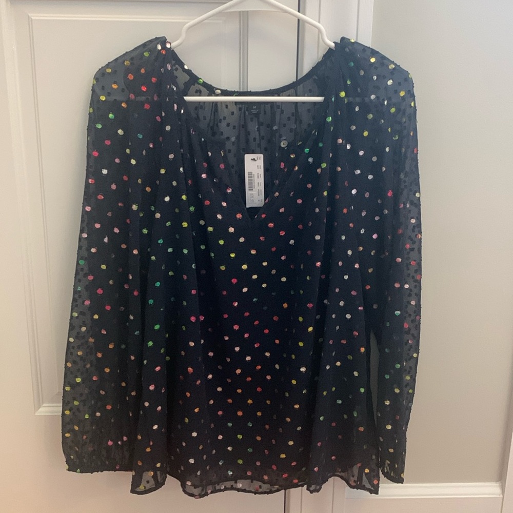 NWT J.Crew navy with rainbow Swiss dot blouse